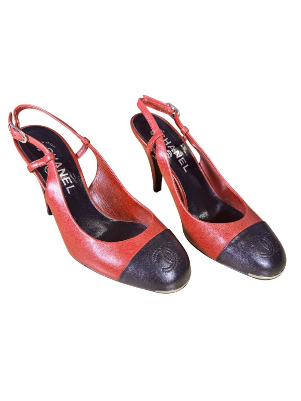 Chanel Cap Toe Slingback Red Black Interlocking CC Pump Size 37.5